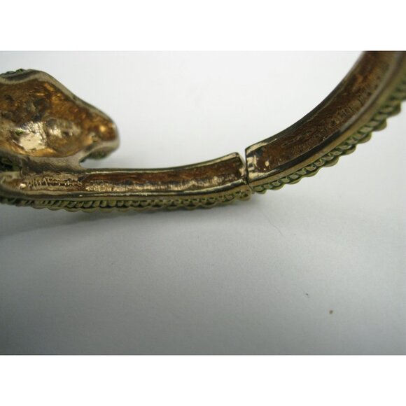 Gold Tone Crocodile Green Crystal Hinged Bangle Bracelet Sparkly Jewelry - Picture 7 of 12